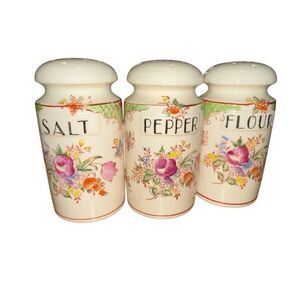 Antique Handpainted Japanese Spice Jar Set: Floral Design Salt, Pepper, Flour